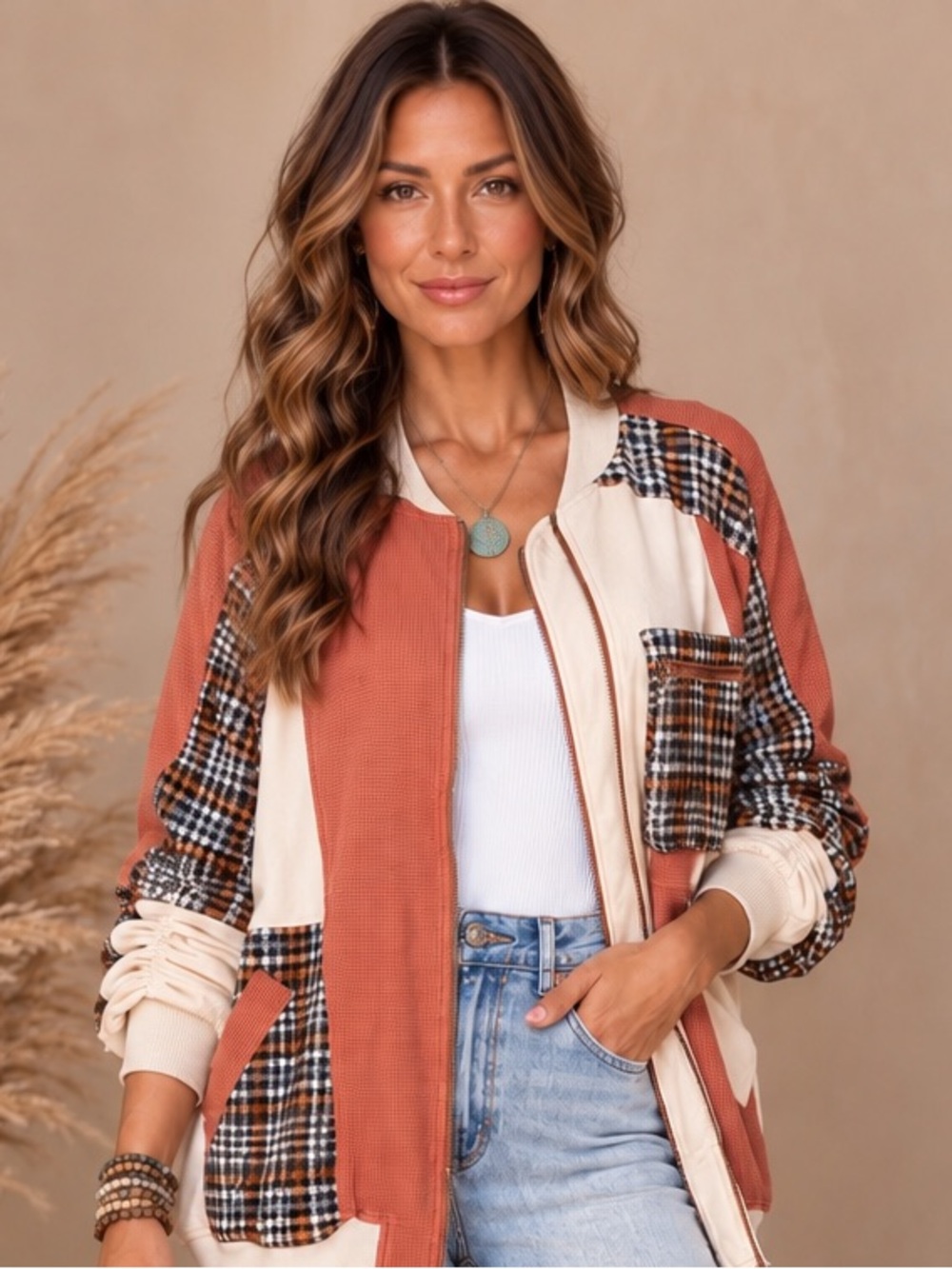 Oli & Hali Casual Patchwork Bomber Jacket - Rust & Cream